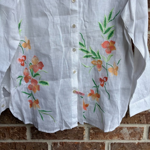 J.JILL Floral Embroidered 100% linen White Button-Up Shirt - Picture 9 of 9